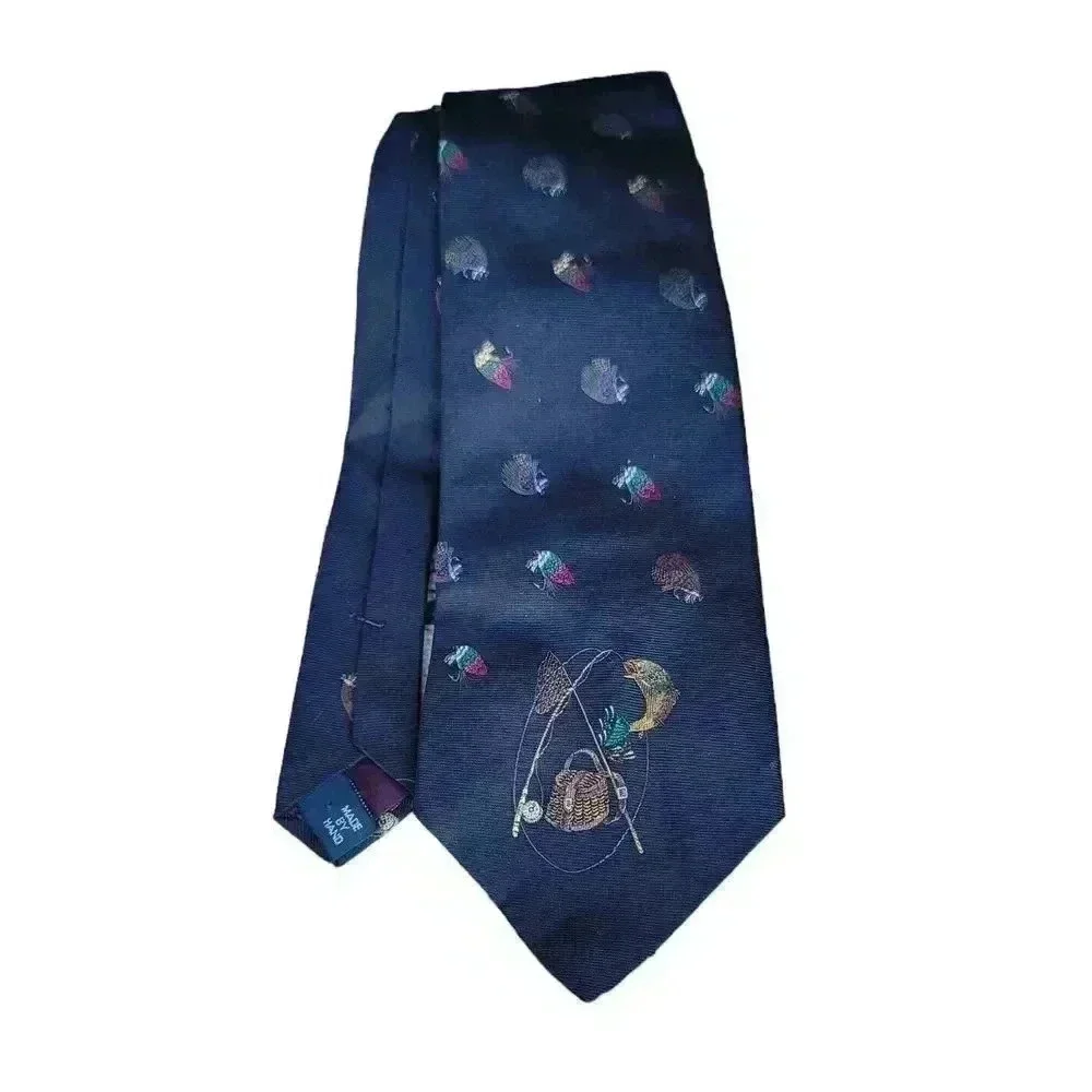 Polo Ralph Lauren blue Fishing Tie 100% Silk Hand Made In USA Vintage